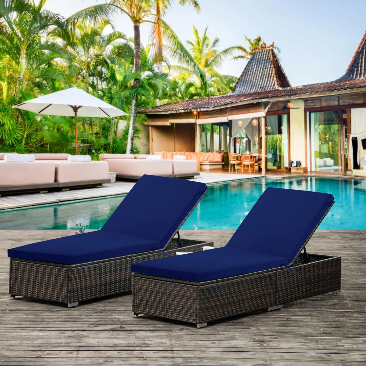 Chaise Lounge Cushions Outdoor Set of 2 - Waterproof and Fade Resistant Sun Lounger Replacement Cushions - Patio Lounger Pads with Removable Cover for Pool, Deck, 72 x 21 x 3 Inch, Navy