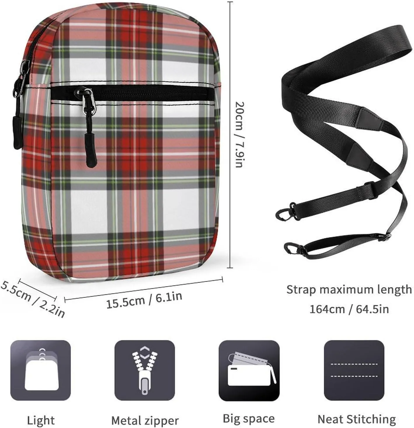 Christmas Grid Red Grid Detachable Shoulder Strap Small Shoulder Bag Unisex