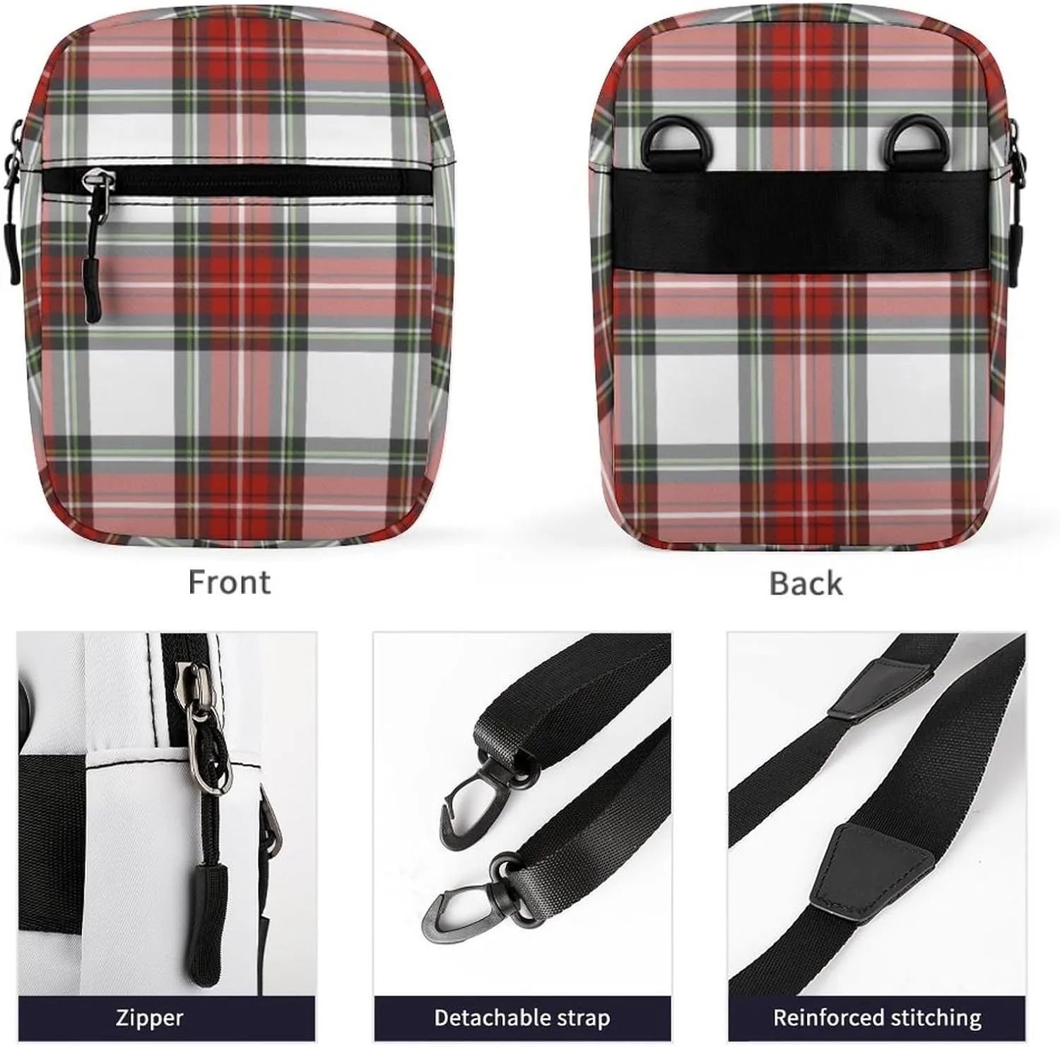 Christmas Grid Red Grid Detachable Shoulder Strap Small Shoulder Bag Unisex