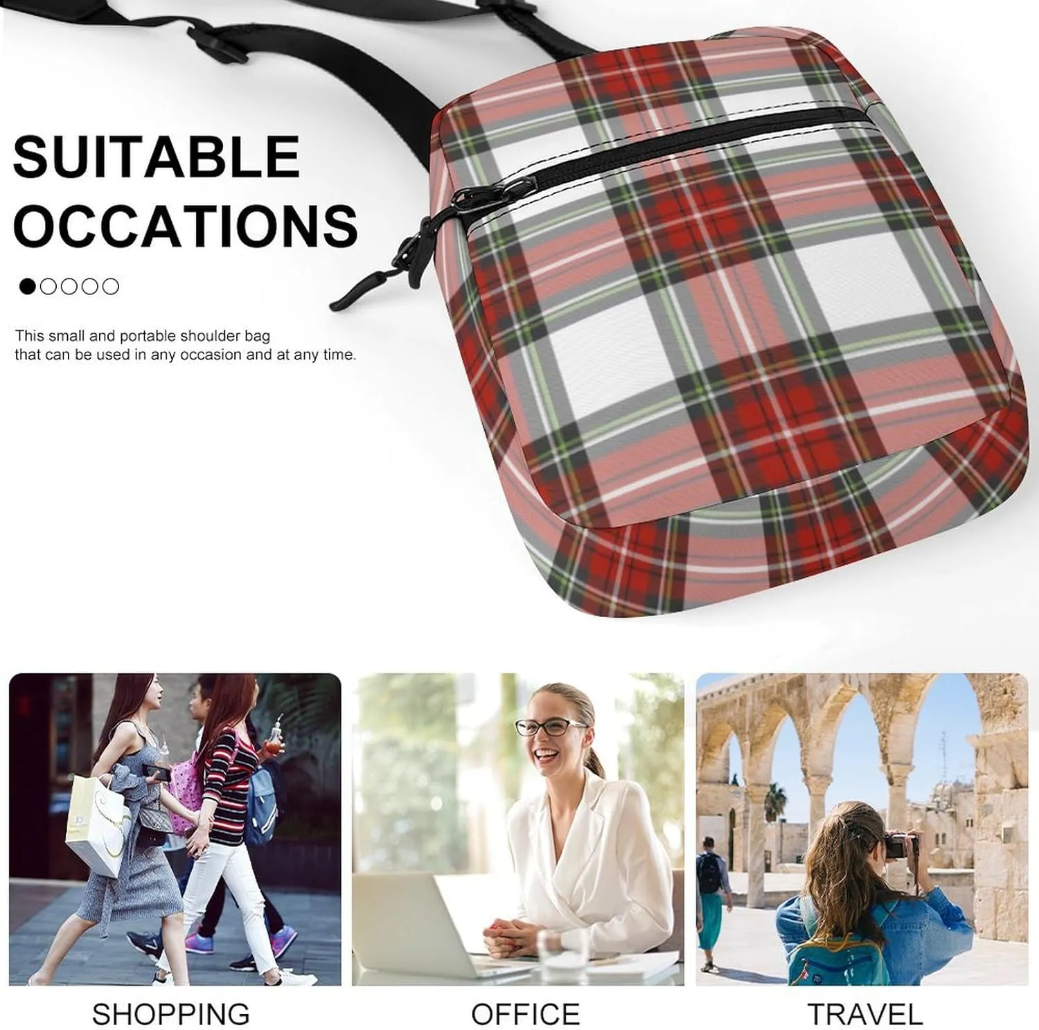 Christmas Grid Red Grid Detachable Shoulder Strap Small Shoulder Bag Unisex