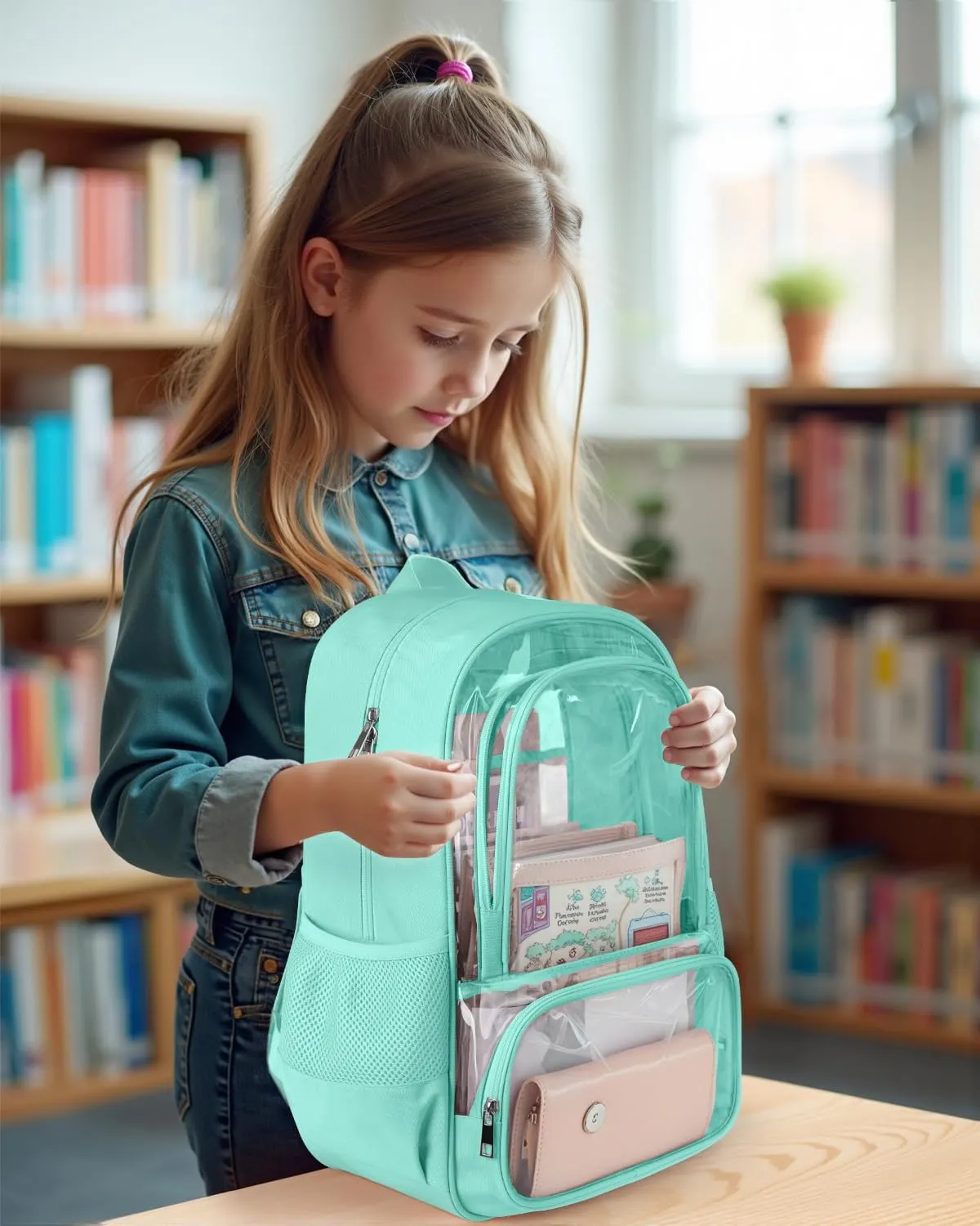 Clear Backpack, Fabric & PVC Transparent Backpack with Reinforced Strap for Women Men, Heavy Duty Transparent Bookbag, Large Capacity Clear bag, Travel, Security, Green