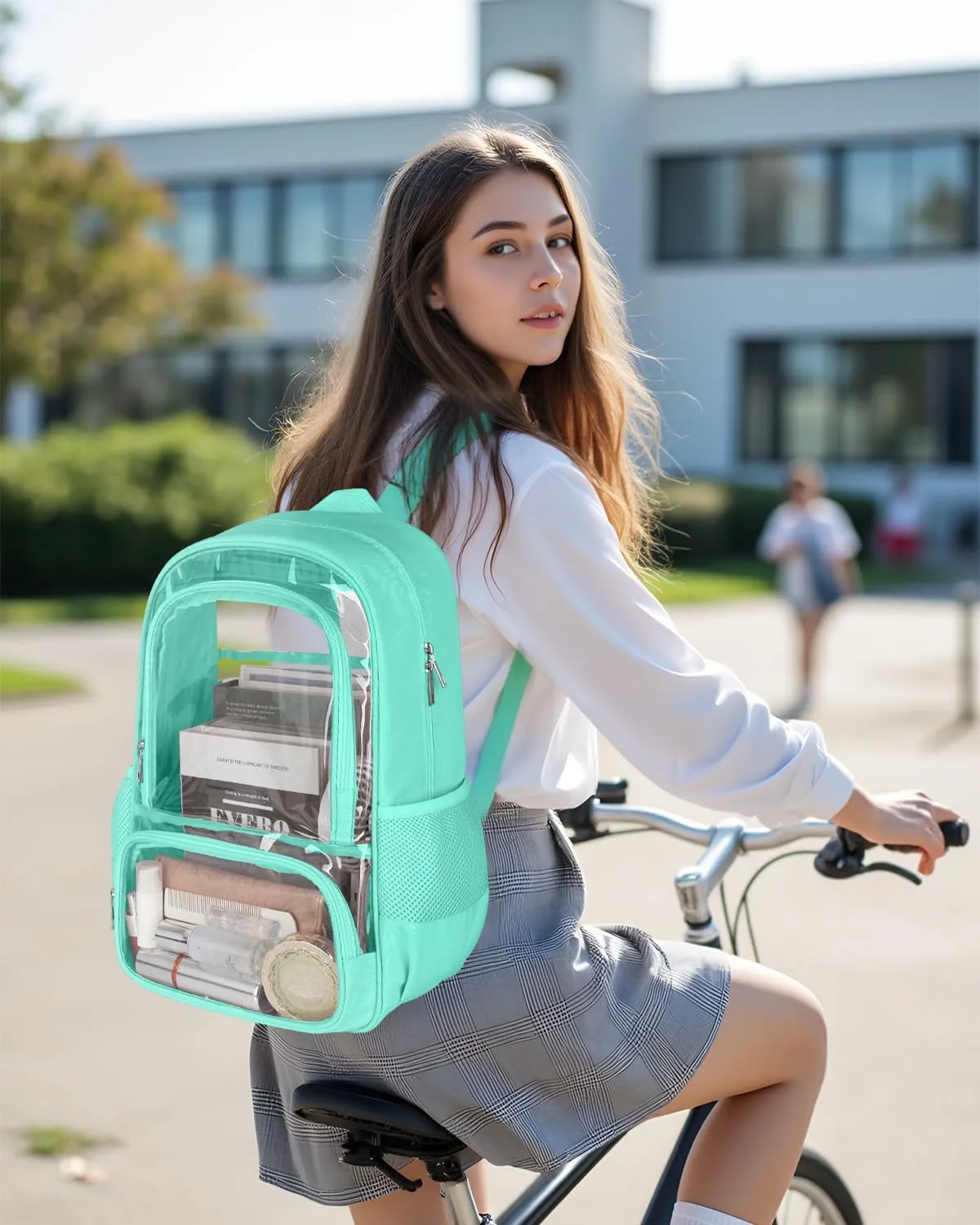 Clear Backpack, Fabric & PVC Transparent Backpack with Reinforced Strap for Women Men, Heavy Duty Transparent Bookbag, Large Capacity Clear bag, Travel, Security, Green