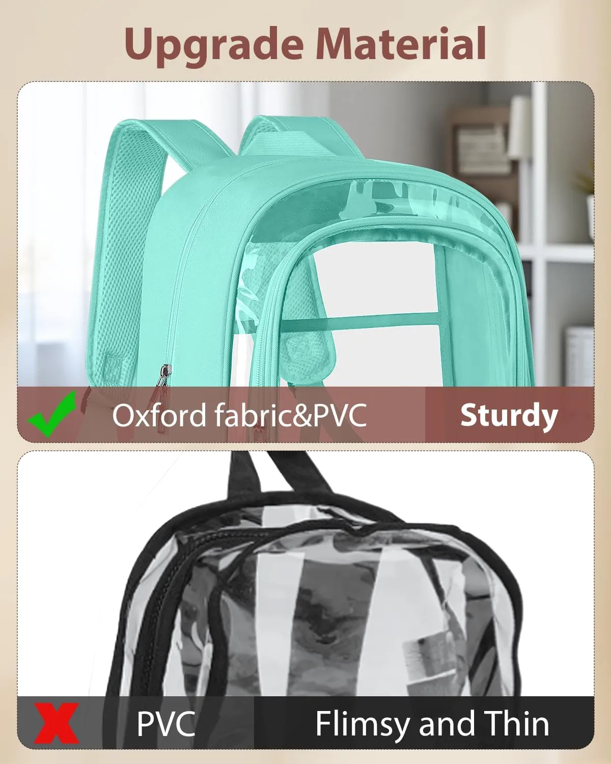 Clear Backpack, Fabric & PVC Transparent Backpack with Reinforced Strap for Women Men, Heavy Duty Transparent Bookbag, Large Capacity Clear bag, Travel, Security, Green