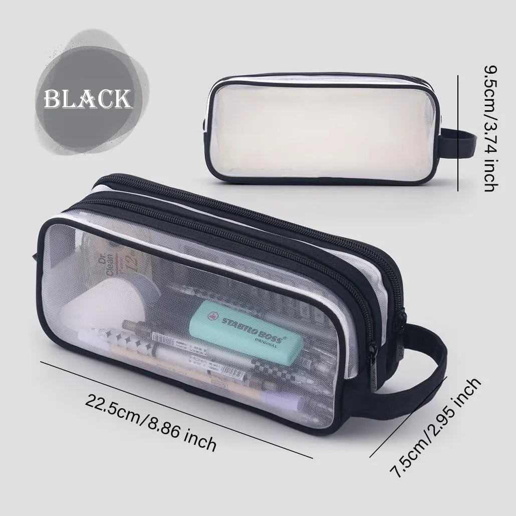 Clear Cosmetic Bag, Travel Makeup Bag, Pencil Case Transparent Pen Case Portable Make Up Organizer for Adult Teen Women Purse for Toiletries Accessories Brushes (Black)