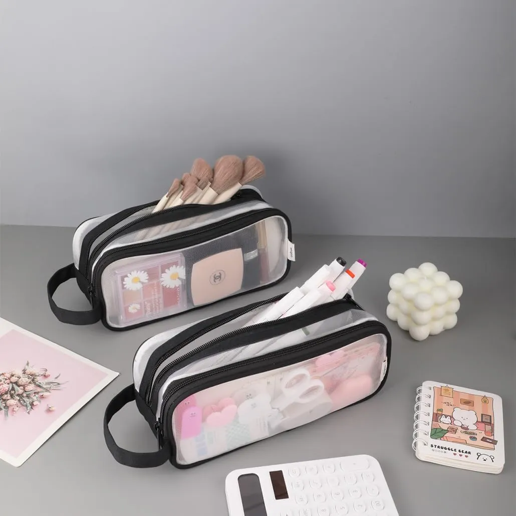 Clear Cosmetic Bag, Travel Makeup Bag, Pencil Case Transparent Pen Case Portable Make Up Organizer for Adult Teen Women Purse for Toiletries Accessories Brushes (Black)