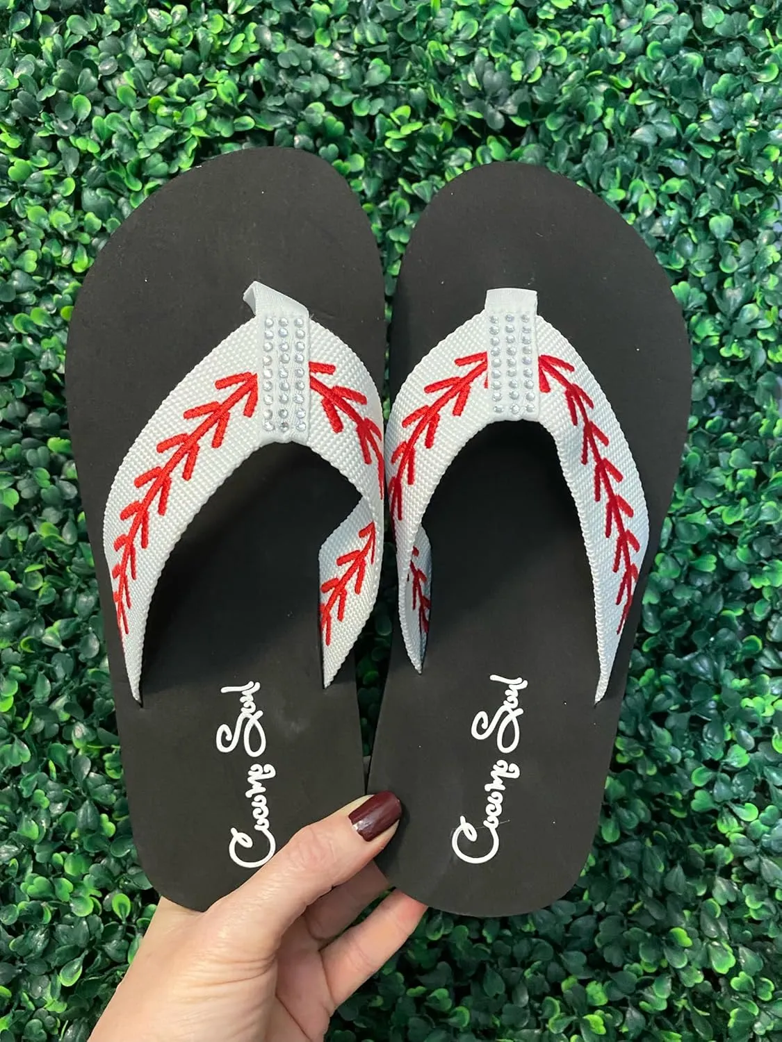 Cocomo Soul Rhinestone Baseball Flip Flops | Embroidered Slippers | Sandals for Women | Bling