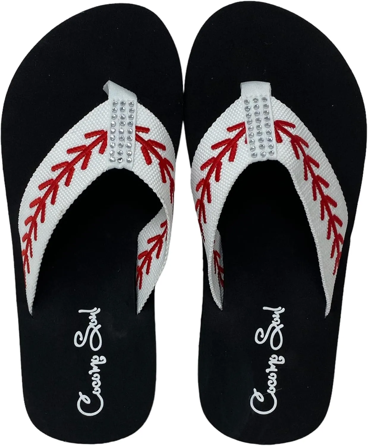 Cocomo Soul Rhinestone Baseball Flip Flops | Embroidered Slippers | Sandals for Women | Bling