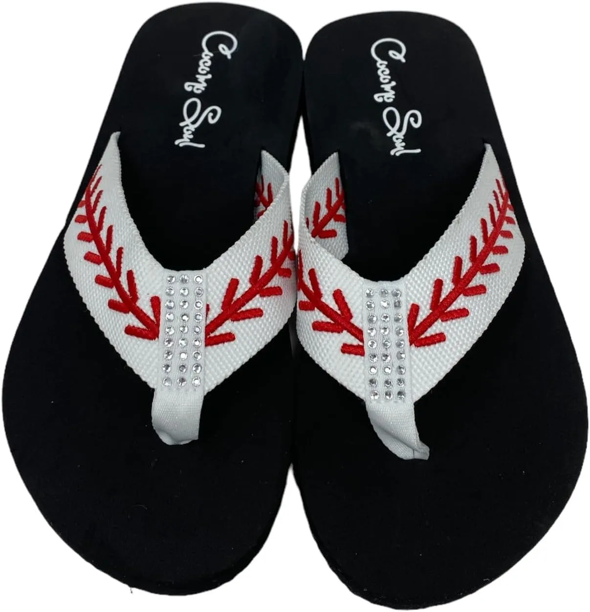Cocomo Soul Rhinestone Baseball Flip Flops | Embroidered Slippers | Sandals for Women | Bling