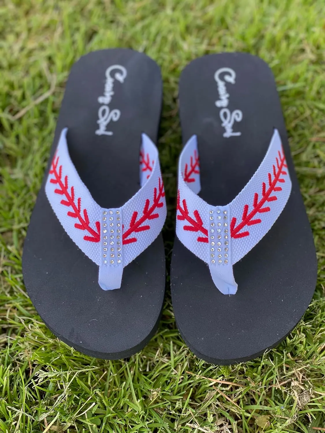 Cocomo Soul Rhinestone Baseball Flip Flops | Embroidered Slippers | Sandals for Women | Bling