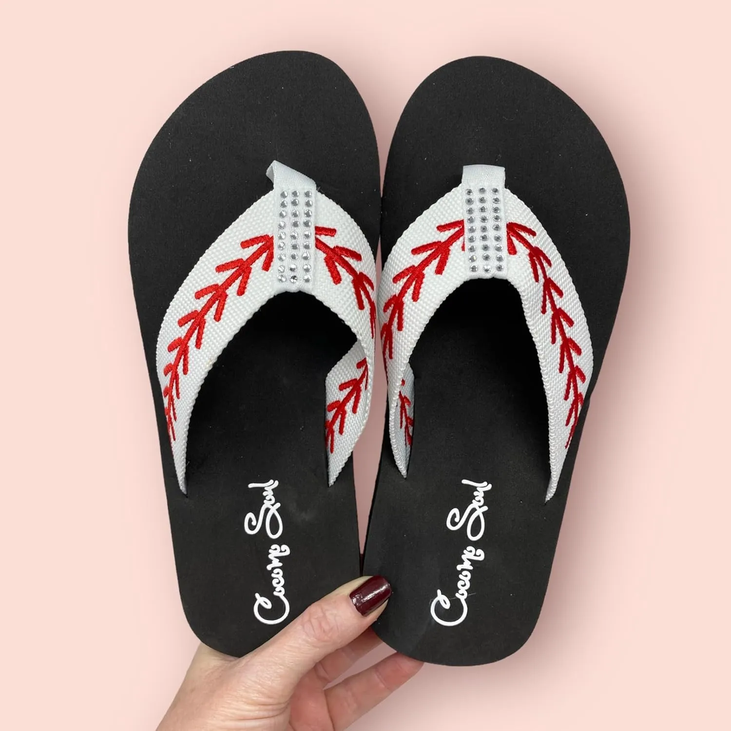 Cocomo Soul Rhinestone Baseball Flip Flops | Embroidered Slippers | Sandals for Women | Bling