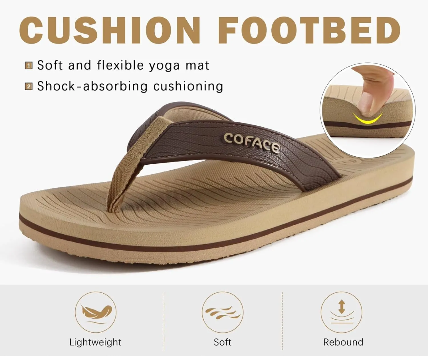 COFACE Men's Flip Flops Comfortable Yoga Mat Cushion Thong Sandals with Arch Support Casual Summer Beach Slides For Man, Size 7~15