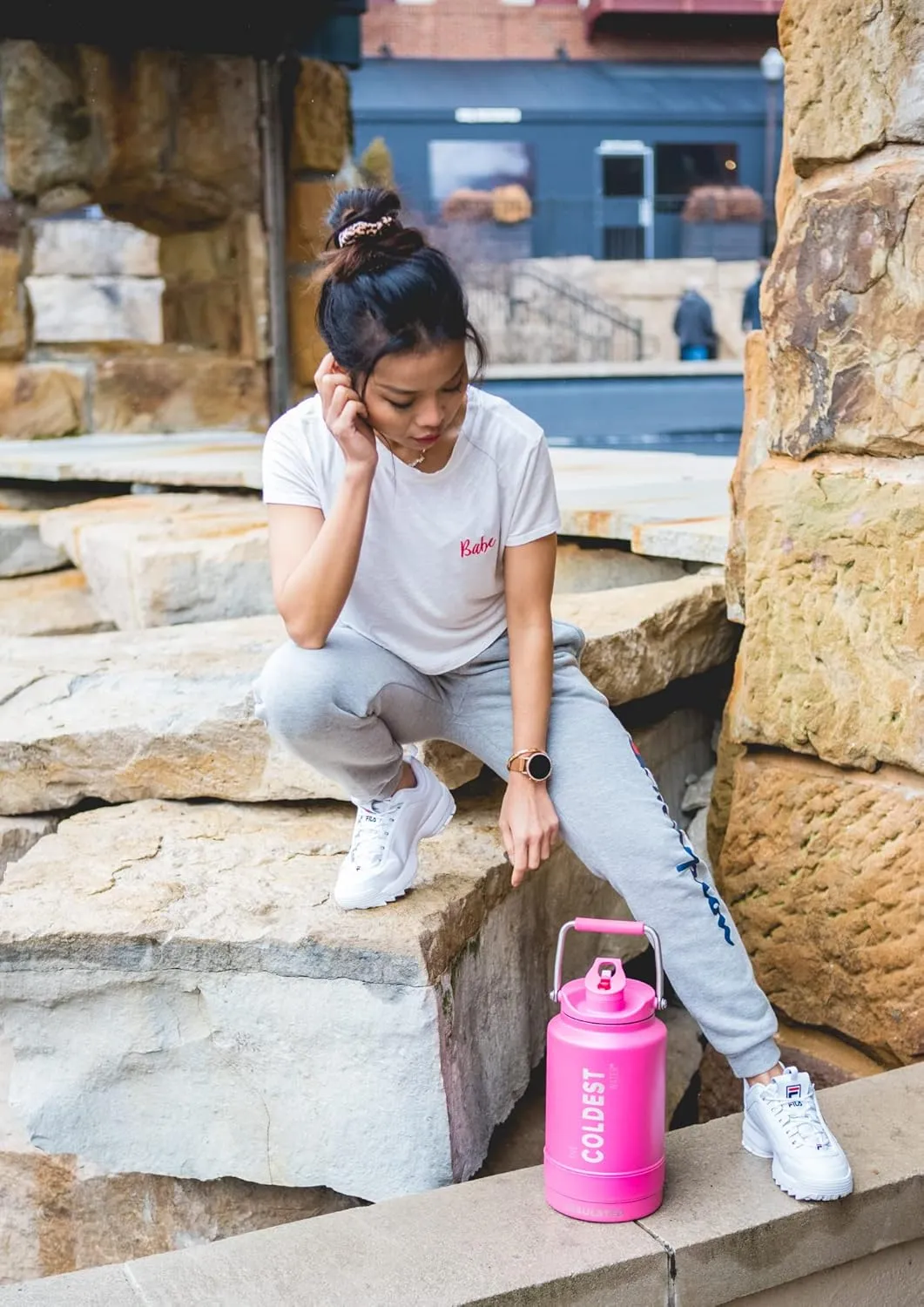 COLDEST Sports Water Bottle 128 oz/One Gallon (Straw Lid), Leak Proof, Vacuum Insulated Stainless Steel, Hot Cold, Double Walled, Metal Canteen Growler Jug (Flamingo Pink, Gallon)