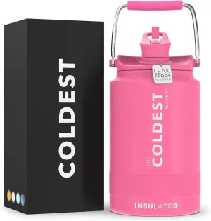 COLDEST Sports Water Bottle 128 oz/One Gallon (Straw Lid), Leak Proof, Vacuum Insulated Stainless Steel, Hot Cold, Double Walled, Metal Canteen Growler Jug (Flamingo Pink, Gallon)