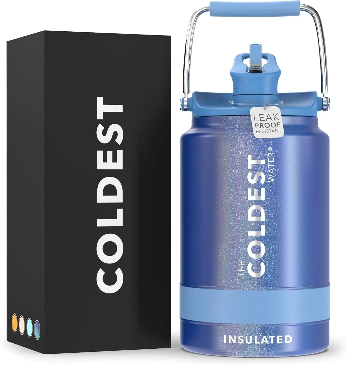 COLDEST Sports Water Bottle 128 oz/One Gallon (Straw Lid), Leak Proof, Vacuum Insulated Stainless Steel, Hot Cold, Double Walled, Thermo Mug, Metal Canteen Growler Jug (Galactic Blue Glitter, Gallon)