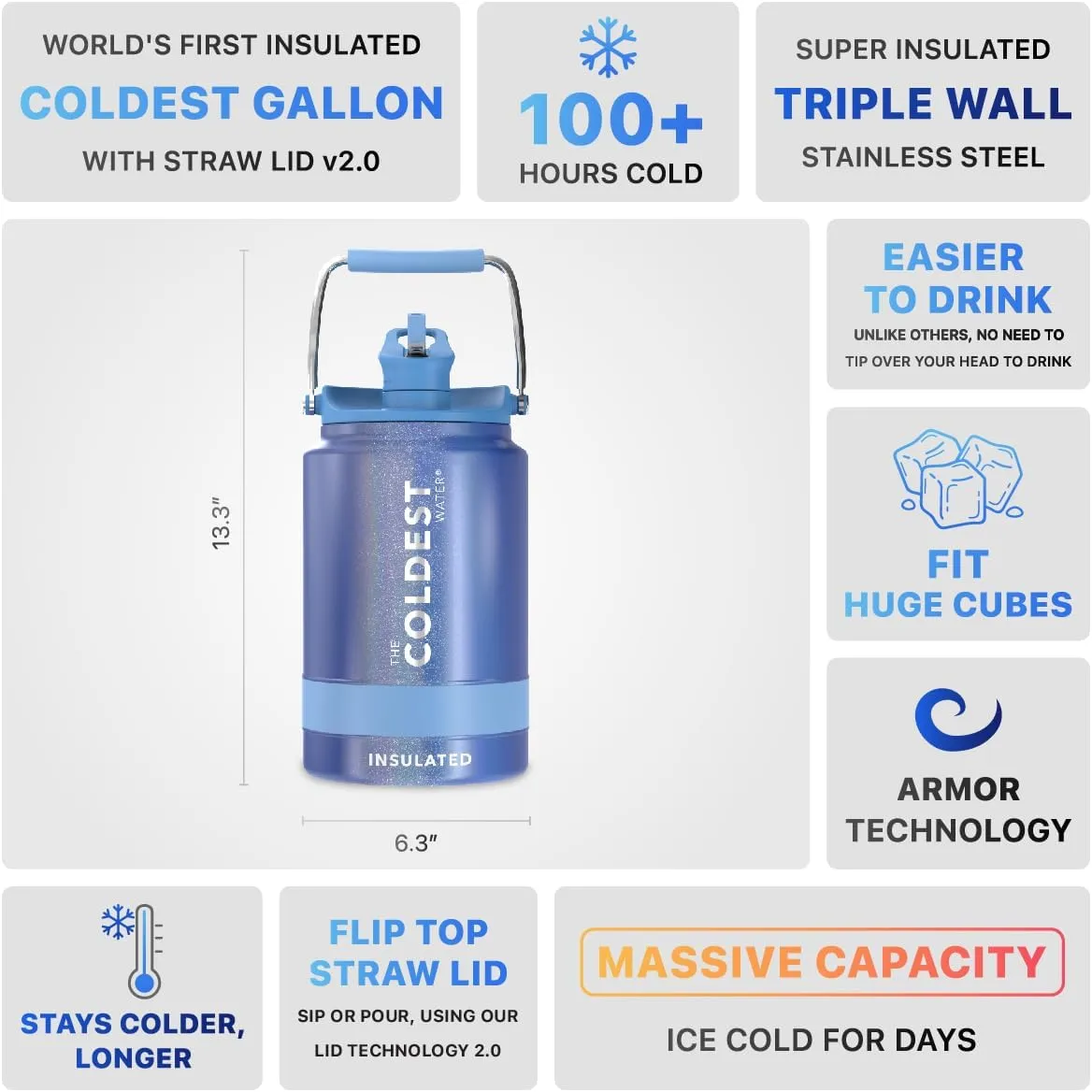 COLDEST Sports Water Bottle 128 oz/One Gallon (Straw Lid), Leak Proof, Vacuum Insulated Stainless Steel, Hot Cold, Double Walled, Thermo Mug, Metal Canteen Growler Jug (Galactic Blue Glitter, Gallon)
