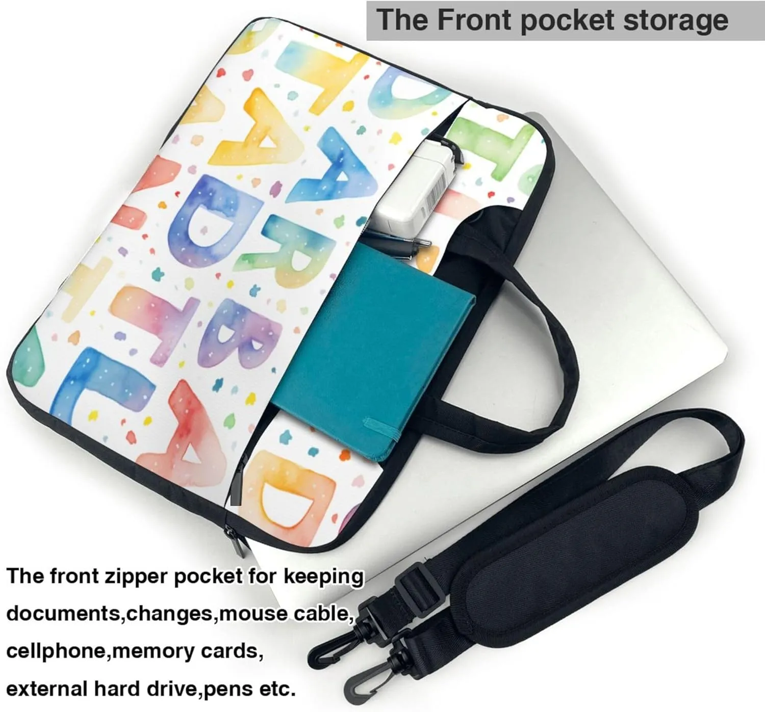 Colorful Letters Laptop Shoulder Bag for Women, Education Alphabets Laptop Sleeve Case Durable Computer Bag
