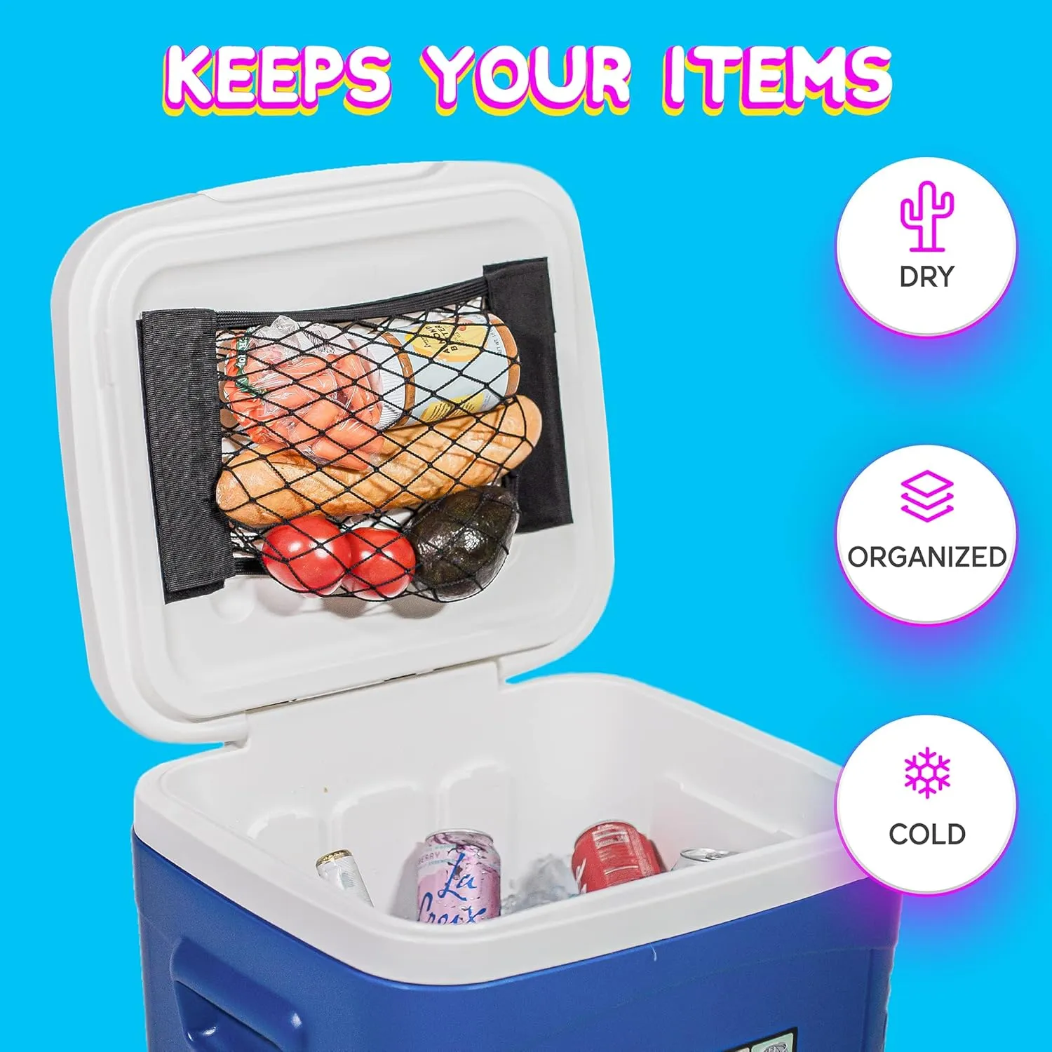 Cooler Net for Dry Storage and Organization - Compatible with YETI, RTIC, Igloo, Coleman, Lifetime, Pelican Ice Chests - Works with Cooler Lights, Wheel Kits, RTIC Cooler Accessories, and More