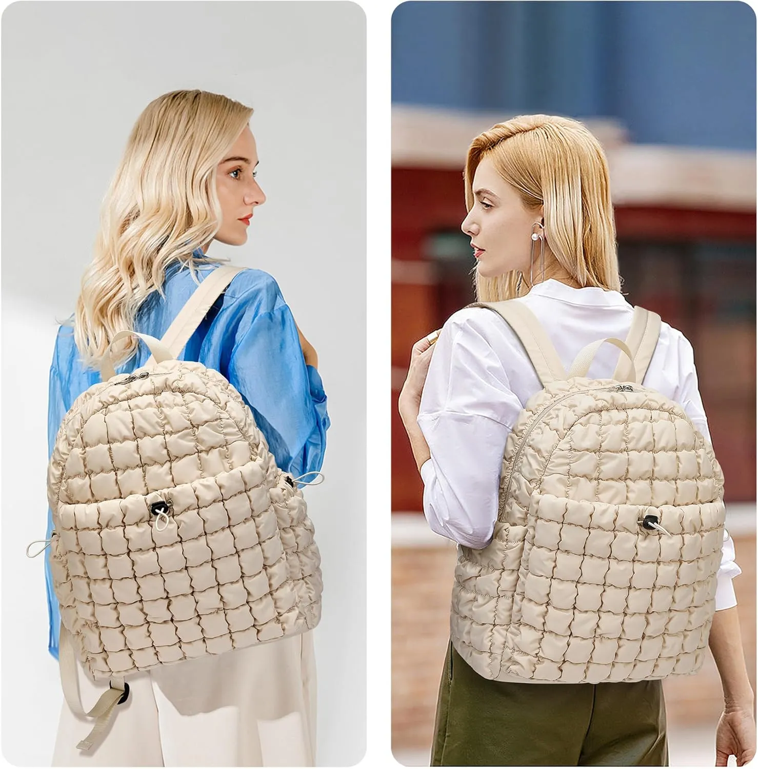 CORALDAISY Quilted Backpack for Women Lightweight Puffer Puffy Backpack, Hiker Pack Drawstring Padding Daypack Bookbag Travel Gym Bag (Off White)