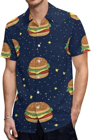 Cosmic Hamburger Hawaiian Button Down Shirt Men Casual Short Sleeve Summer Tee Tops