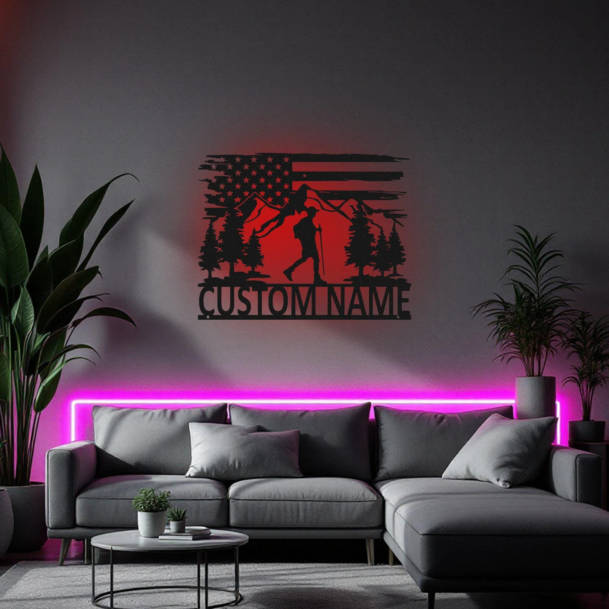 Custom US Hiking Mountain Metal Wall Art With Led Light, Personalized Hiker Name Sign Decoration For Room, Hiking Mountain Metal Led Decor