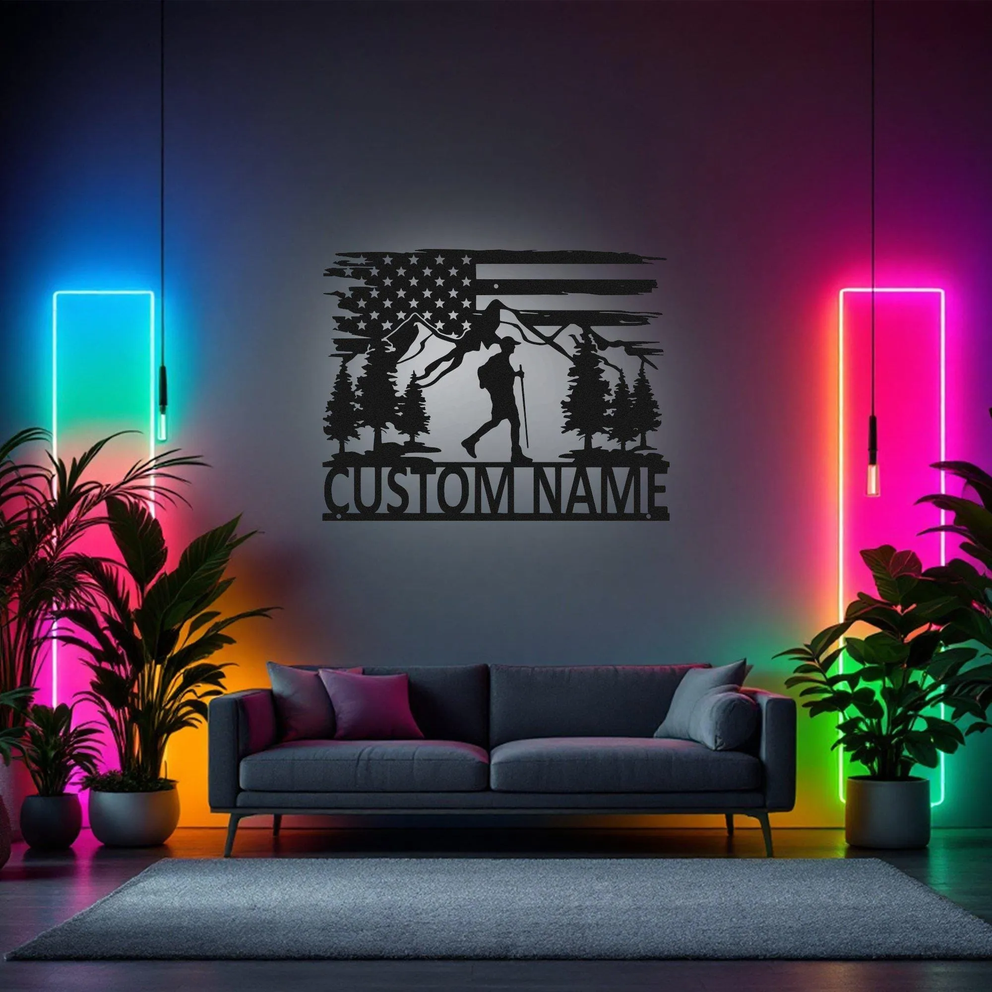 Custom US Hiking Mountain Metal Wall Art With Led Light, Personalized Hiker Name Sign Decoration For Room, Hiking Mountain Metal Led Decor
