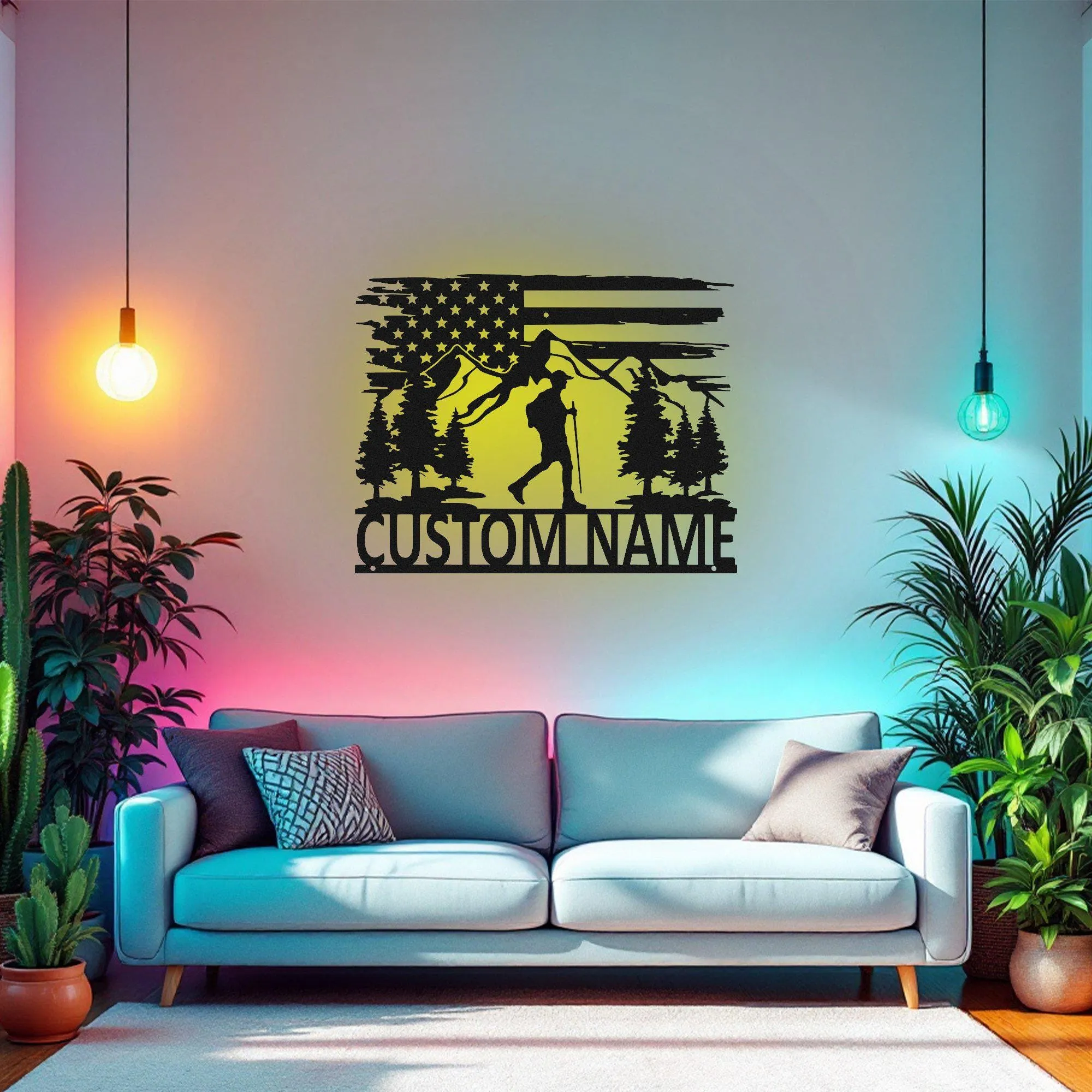 Custom US Hiking Mountain Metal Wall Art With Led Light, Personalized Hiker Name Sign Decoration For Room, Hiking Mountain Metal Led Decor