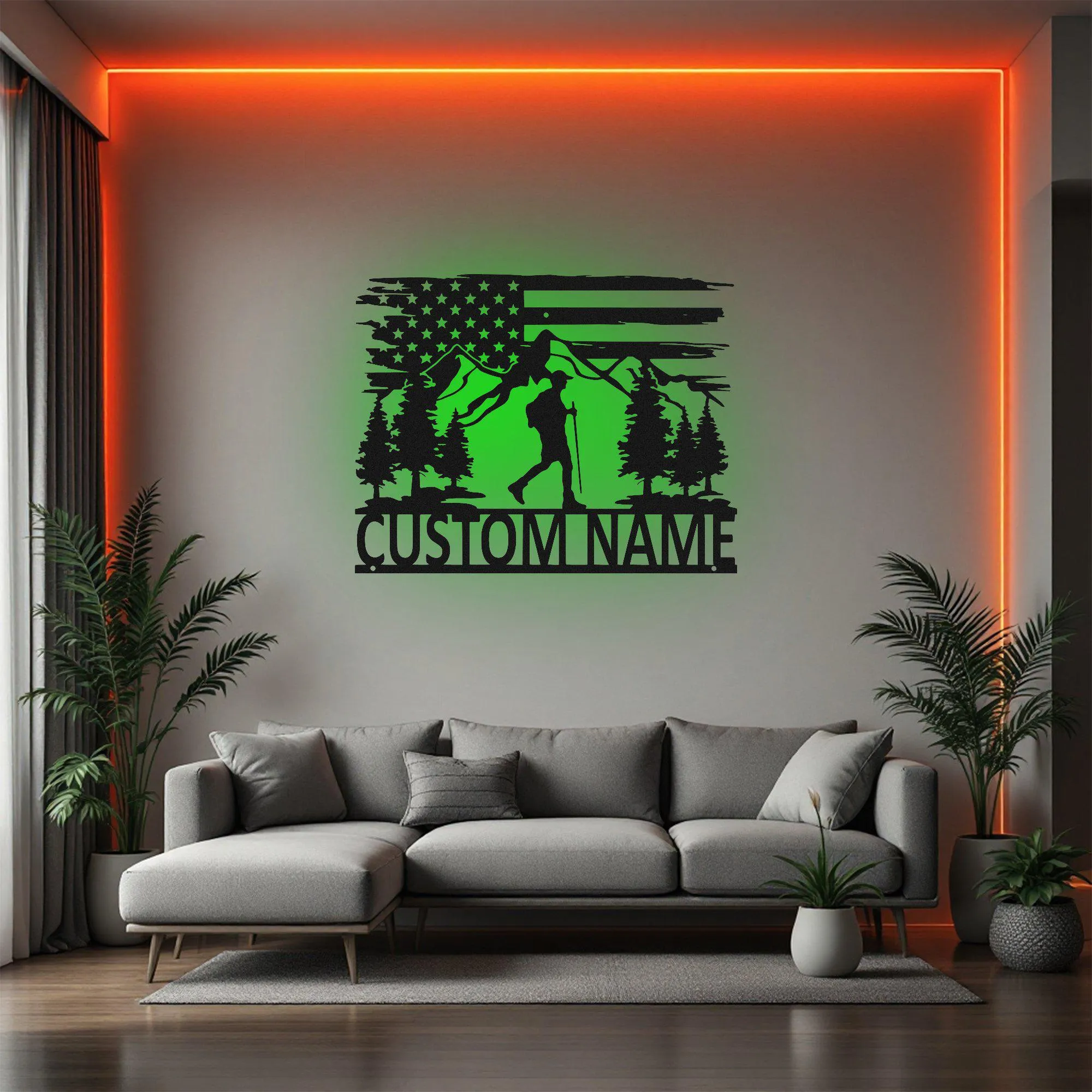 Custom US Hiking Mountain Metal Wall Art With Led Light, Personalized Hiker Name Sign Decoration For Room, Hiking Mountain Metal Led Decor