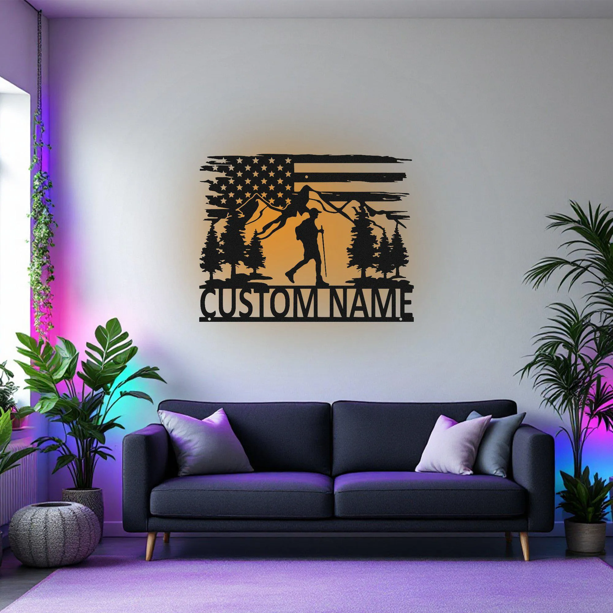 Custom US Hiking Mountain Metal Wall Art With Led Light, Personalized Hiker Name Sign Decoration For Room, Hiking Mountain Metal Led Decor