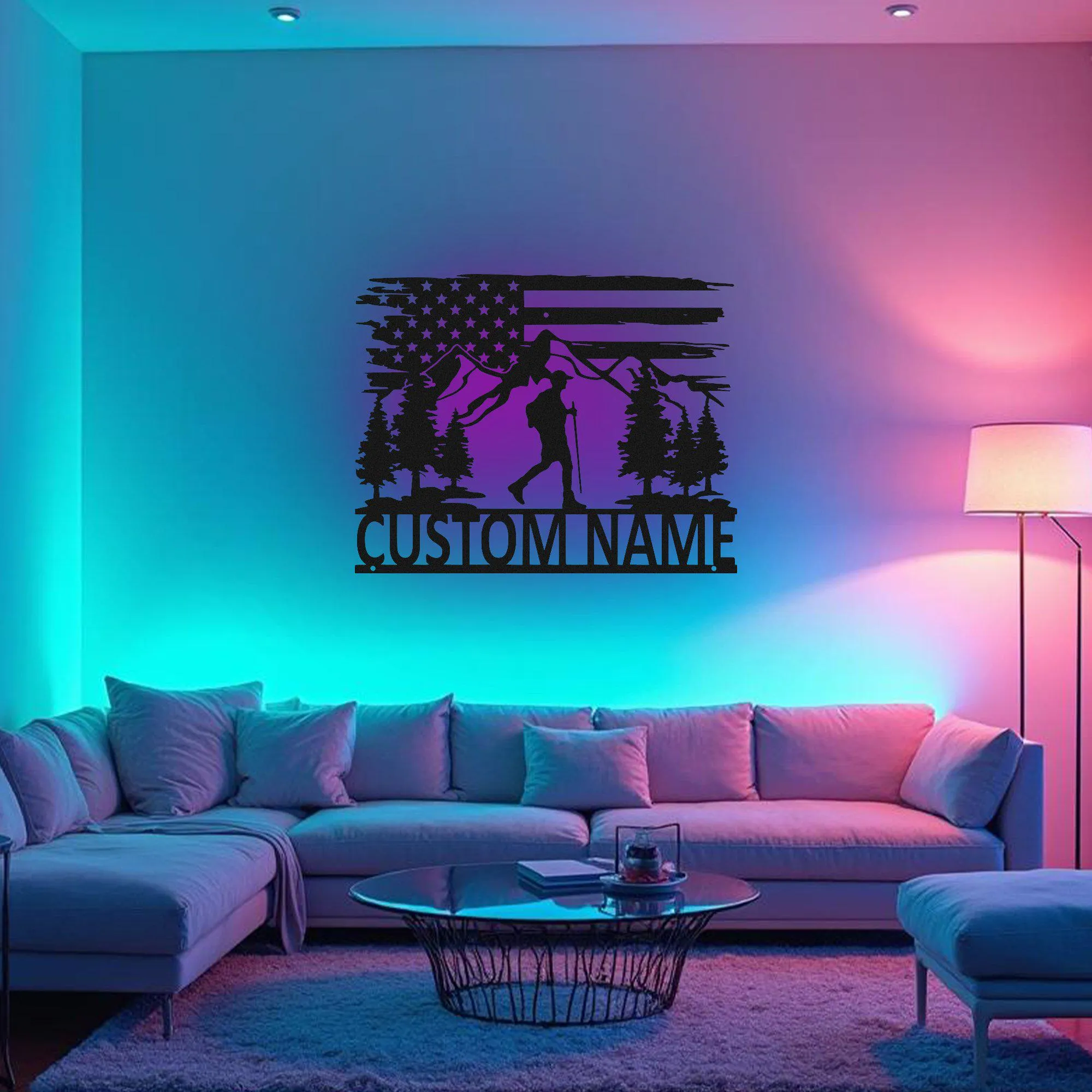 Custom US Hiking Mountain Metal Wall Art With Led Light, Personalized Hiker Name Sign Decoration For Room, Hiking Mountain Metal Led Decor