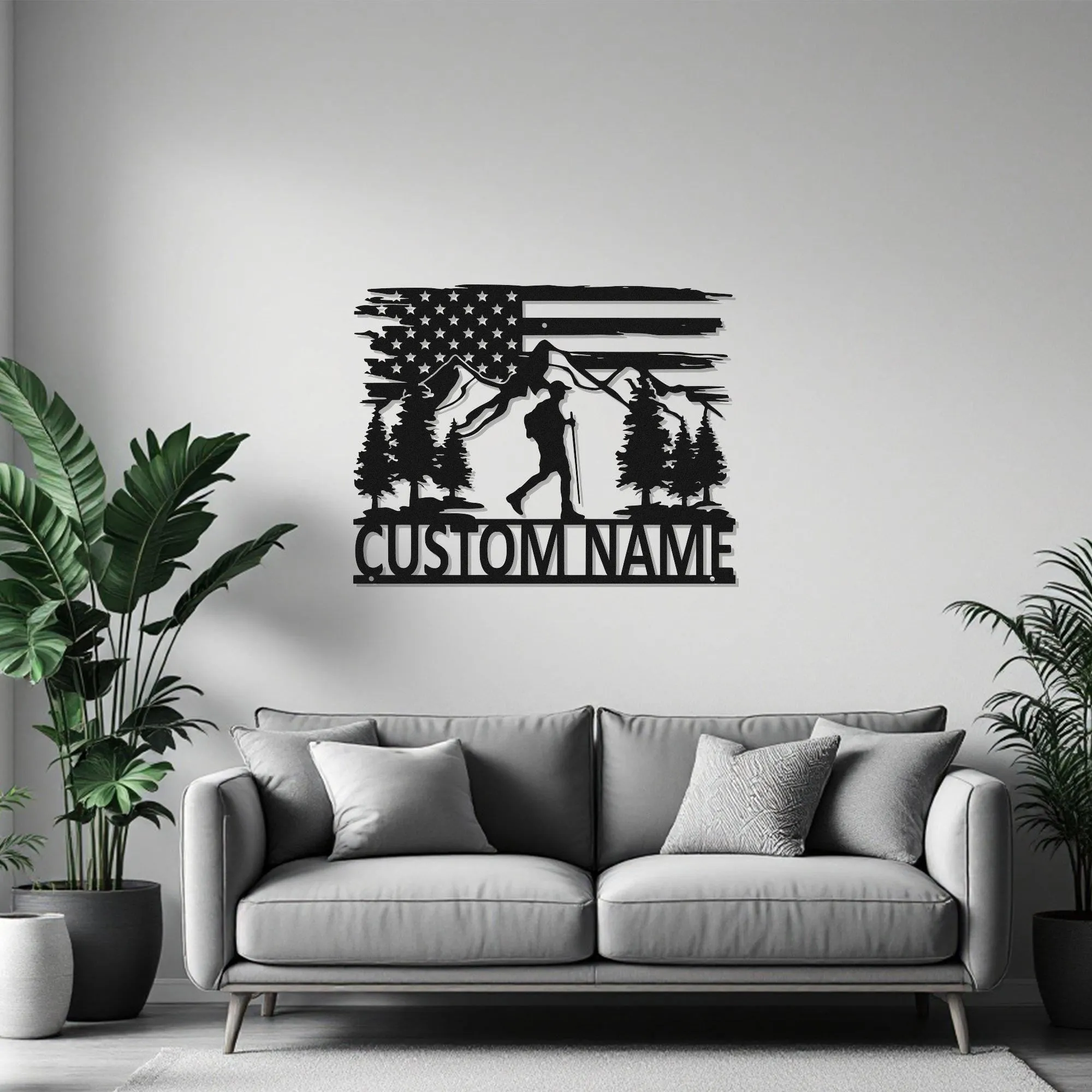 Custom US Hiking Mountain Metal Wall Art With Led Light, Personalized Hiker Name Sign Decoration For Room, Hiking Mountain Metal Led Decor