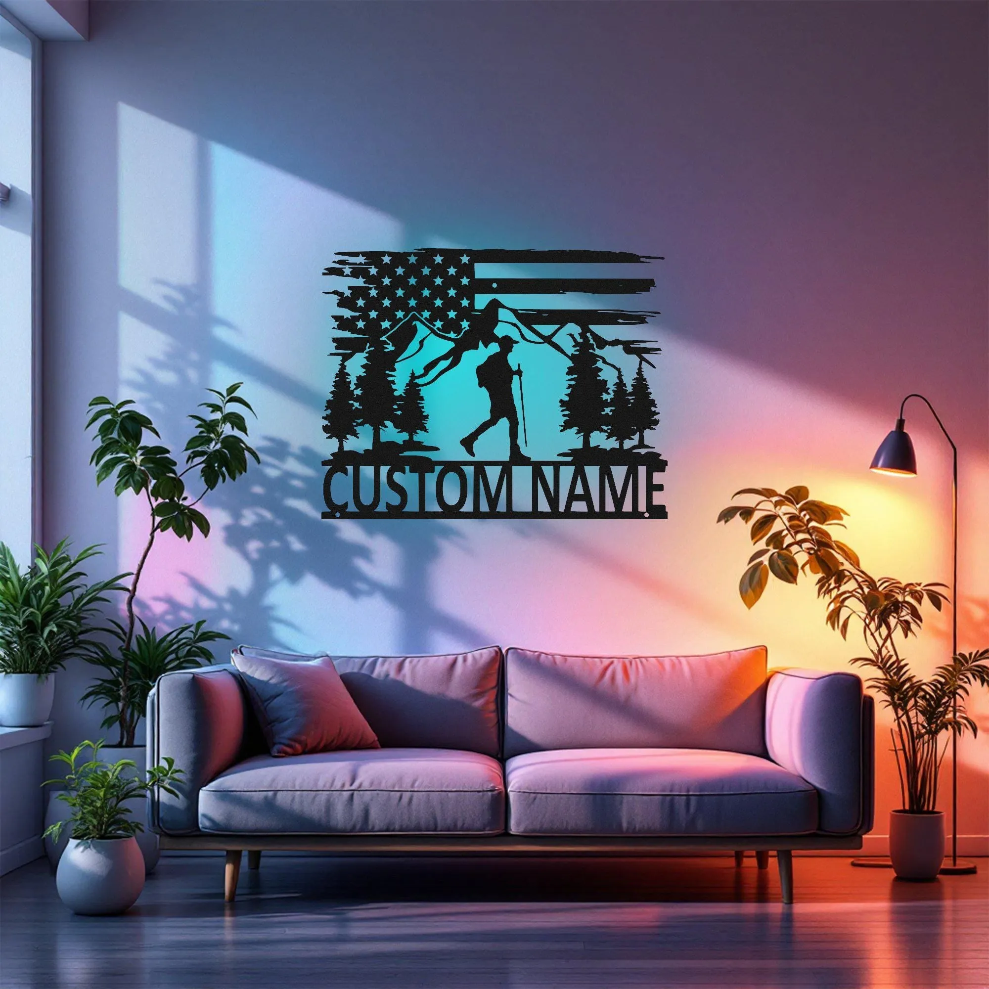 Custom US Hiking Mountain Metal Wall Art With Led Light, Personalized Hiker Name Sign Decoration For Room, Hiking Mountain Metal Led Decor