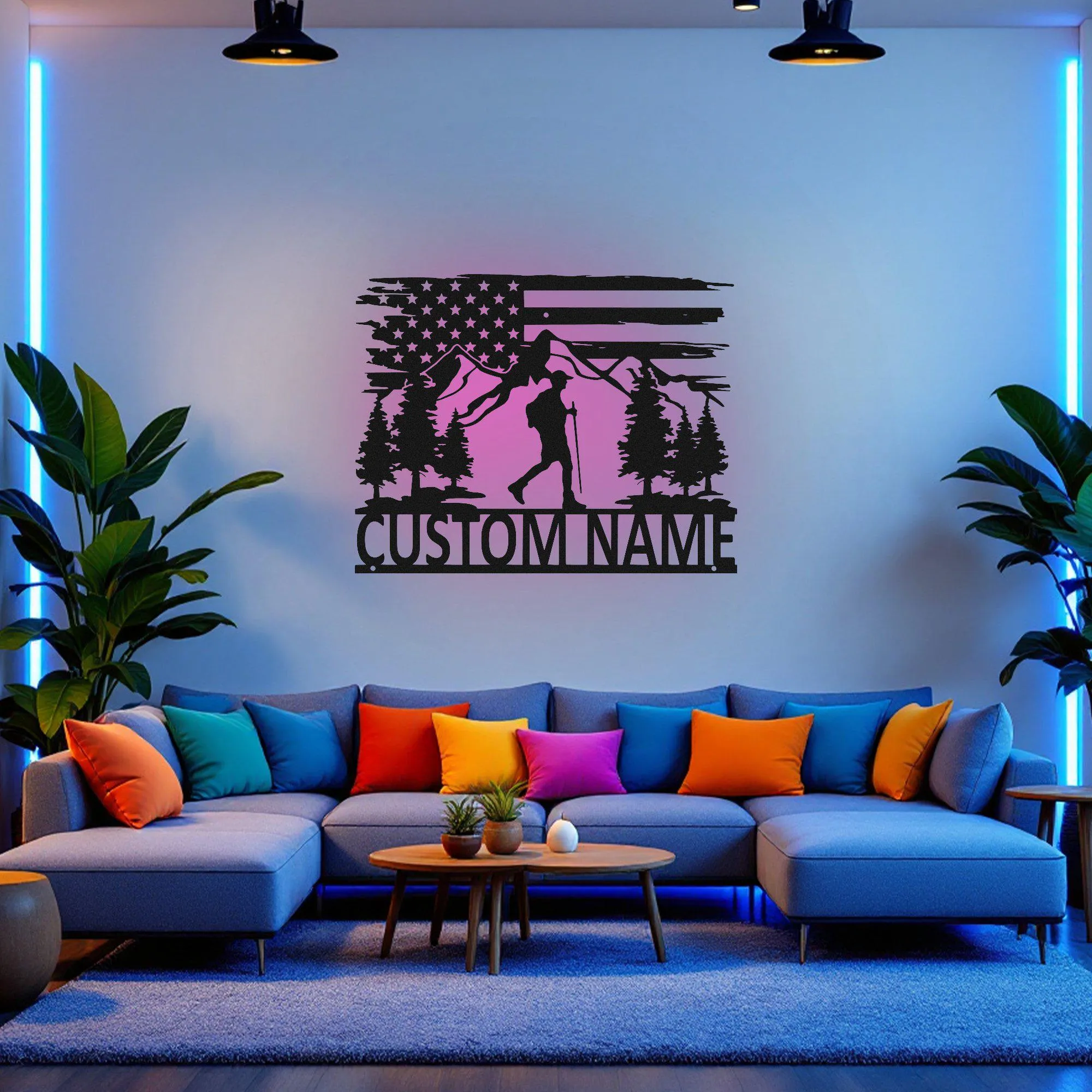 Custom US Hiking Mountain Metal Wall Art With Led Light, Personalized Hiker Name Sign Decoration For Room, Hiking Mountain Metal Led Decor