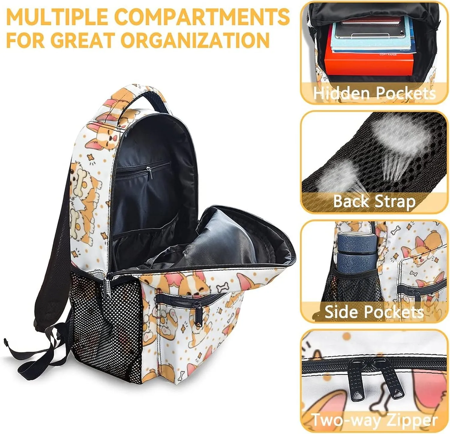 Cute Corgi Backpack, 16 Inch Dog Theme Bookbag with Adjustable Straps, Durable, Lightweight, Large Capacity, School Backpack for Kids Girls Boys