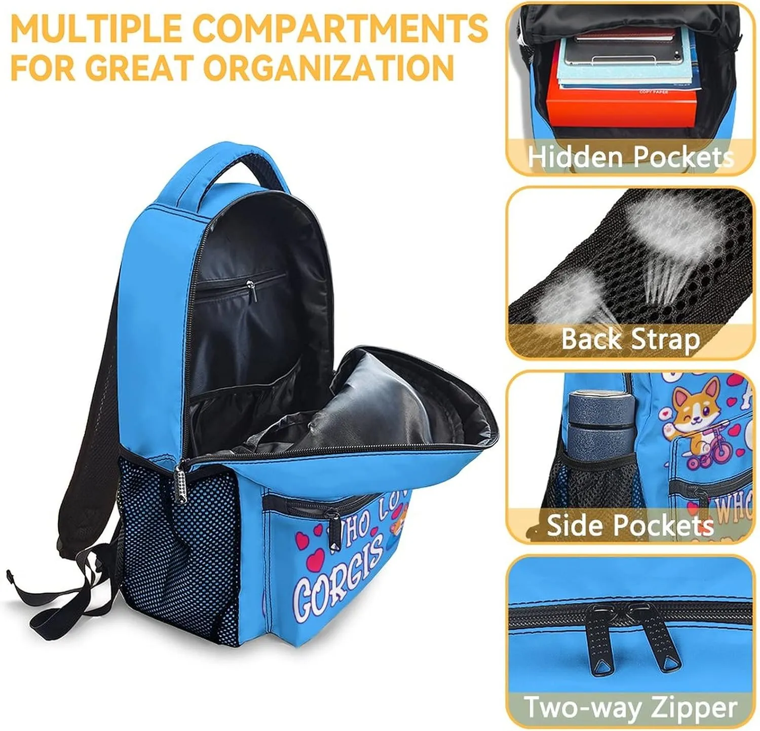 Cute Corgi Backpack, 16 Inch Dog Theme Bookbag with Adjustable Straps, Durable, Lightweight, Large Capacity, School Backpack for Kids Girls Boys