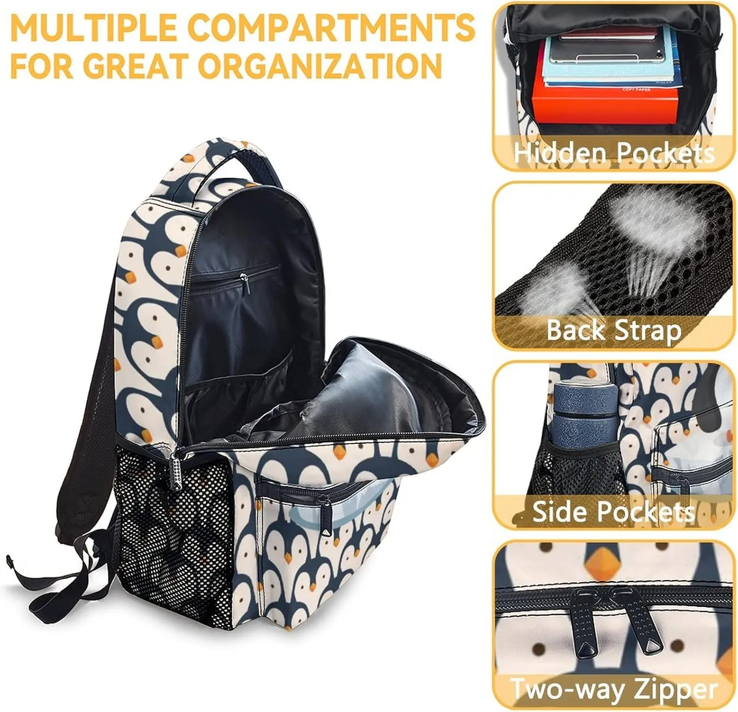 Cute Penguin Backpack, 16 Inch Animal Theme Bookbag with Adjustable Straps, Durable, Lightweight, Large Capacity, School Backpack for Kids Girls Boys