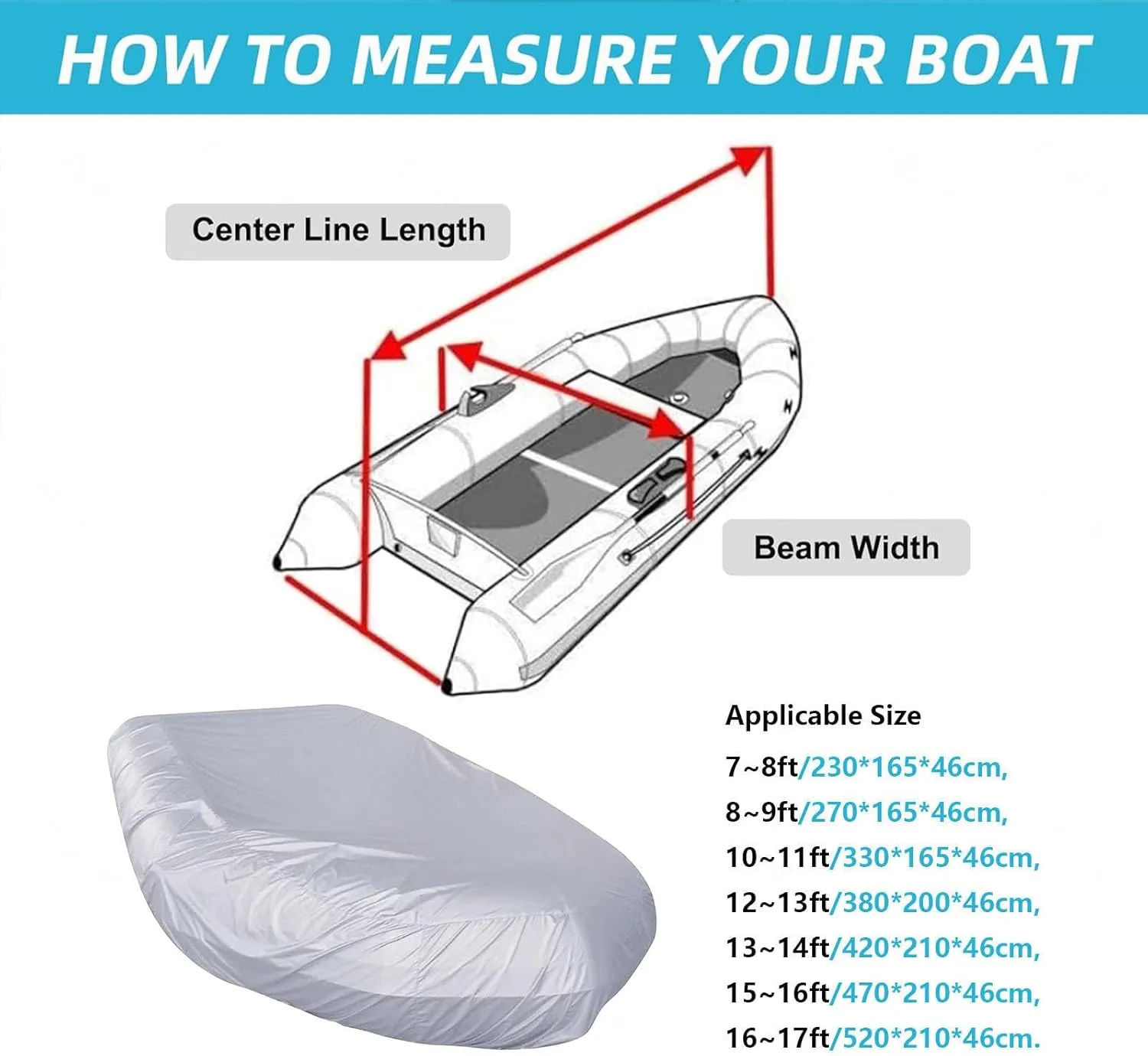 Dinghy Covers 7 Sizes Inflatable Boat Cover UV Resistant Boat Tarp for Small Inflatable and Rigid Inflatable Boats,380 * 200 * 46cm