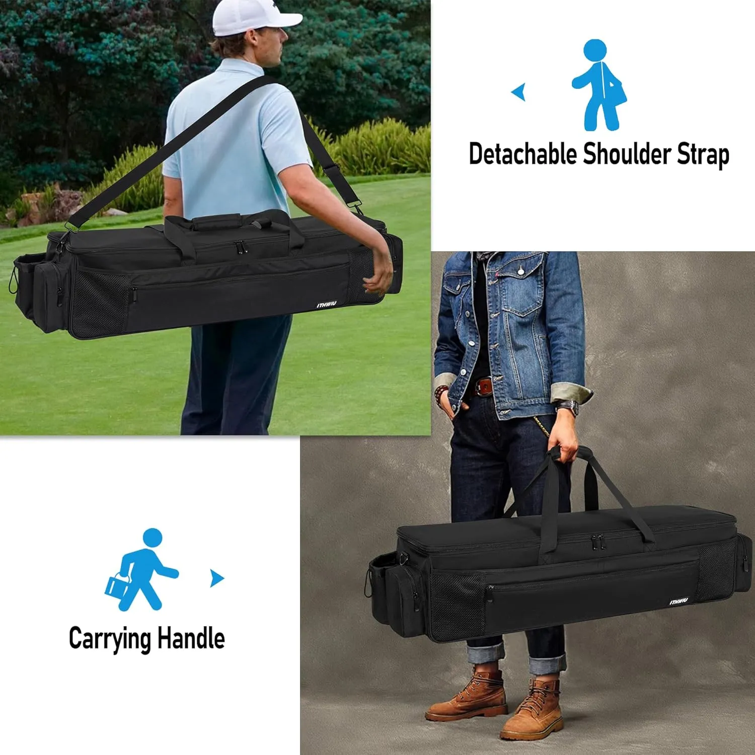 Disc Golf Storage Bag Durable Large Capacity with Dividers and Multi Side Pockets, Black
