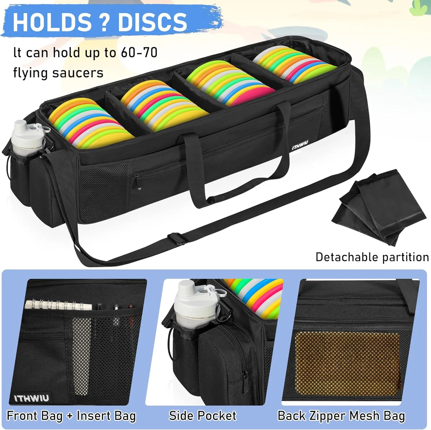 Disc Golf Storage Bag Durable Large Capacity with Dividers and Multi Side Pockets, Black