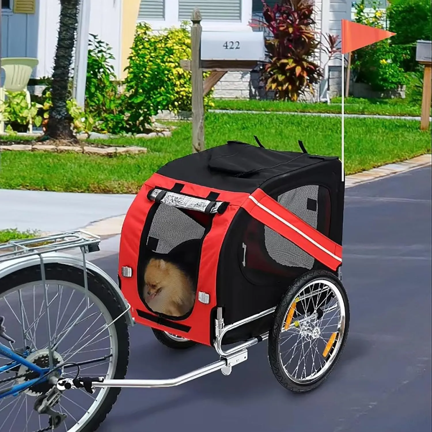 Dog Trailer for Bike, Cargo Cycle Trailers, Folding Wagon Stroller, Pet Bike Carrier, with Red Safety Sign/Hook and Tow Hook