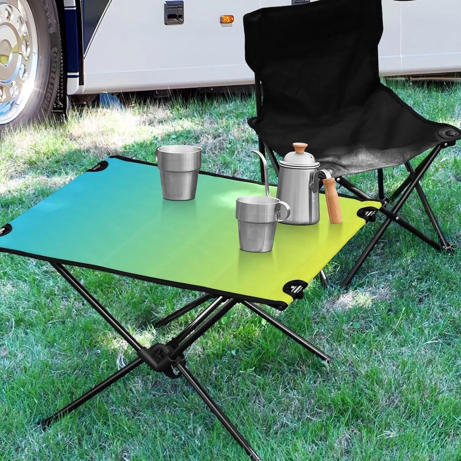 DOMIKING Blue Yellow Gradient Portable Camping Table Folding Picnic Tables with Carrying Storage Bag Camp Table for Travel Outdoor Hike 23.6 * 15.6 * 15 in