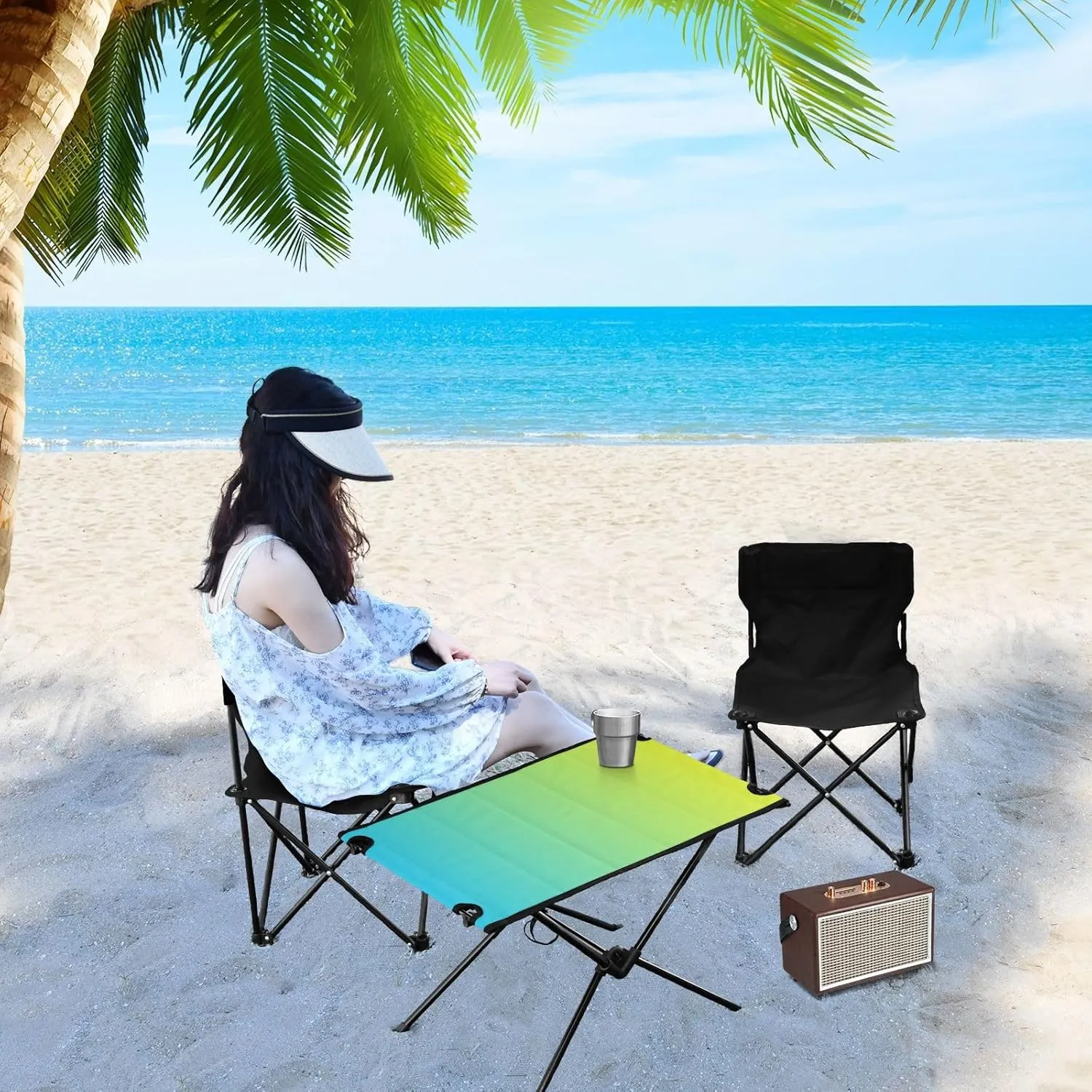 DOMIKING Blue Yellow Gradient Portable Camping Table Folding Picnic Tables with Carrying Storage Bag Camp Table for Travel Outdoor Hike 23.6 * 15.6 * 15 in
