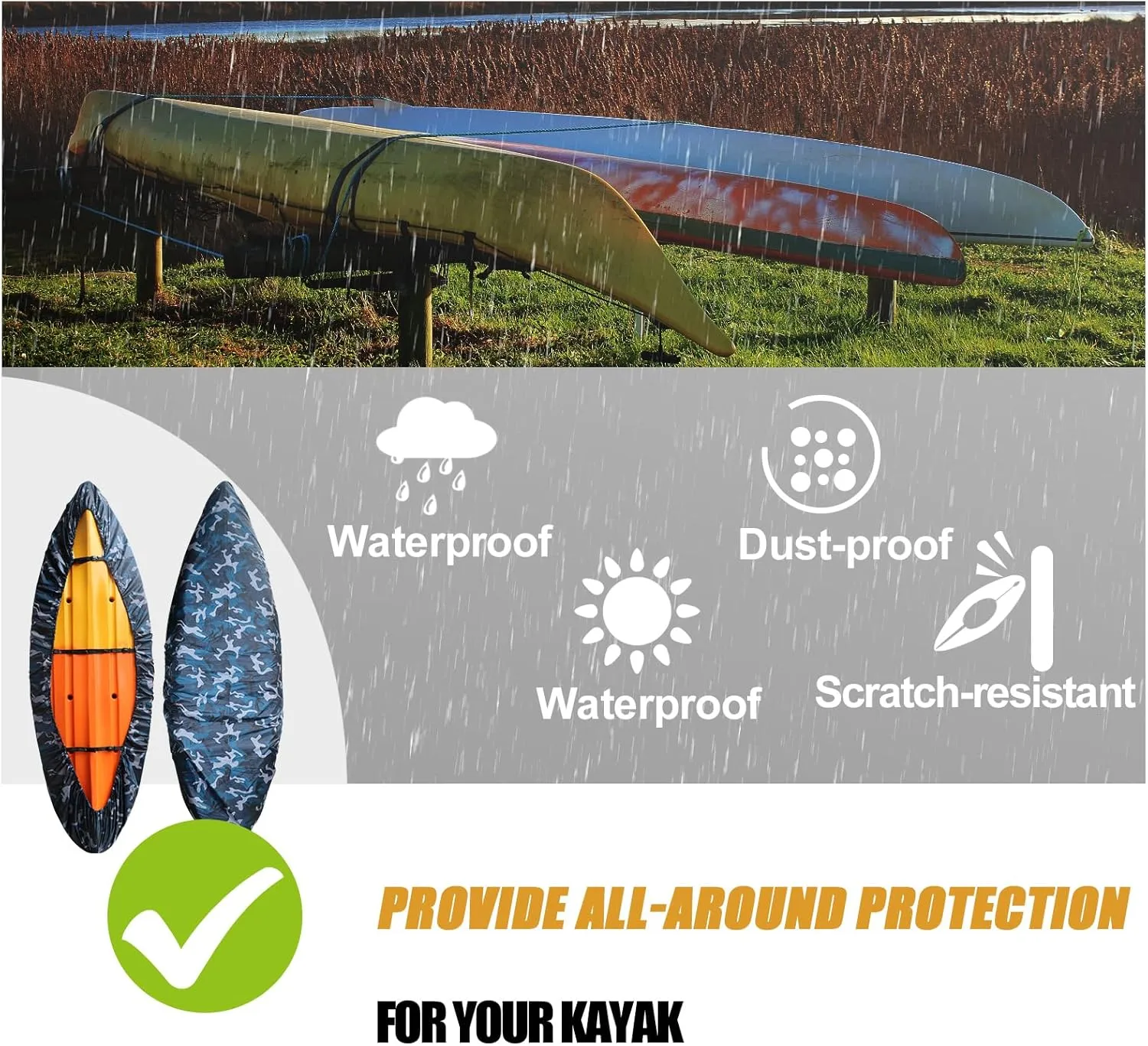 doorslay Kayak Cover Waterproof UV Resistant Kayak Cover Outdoor Kayak Storage Dust Cover for Boat Kayak Canoe SUP Paddleboard