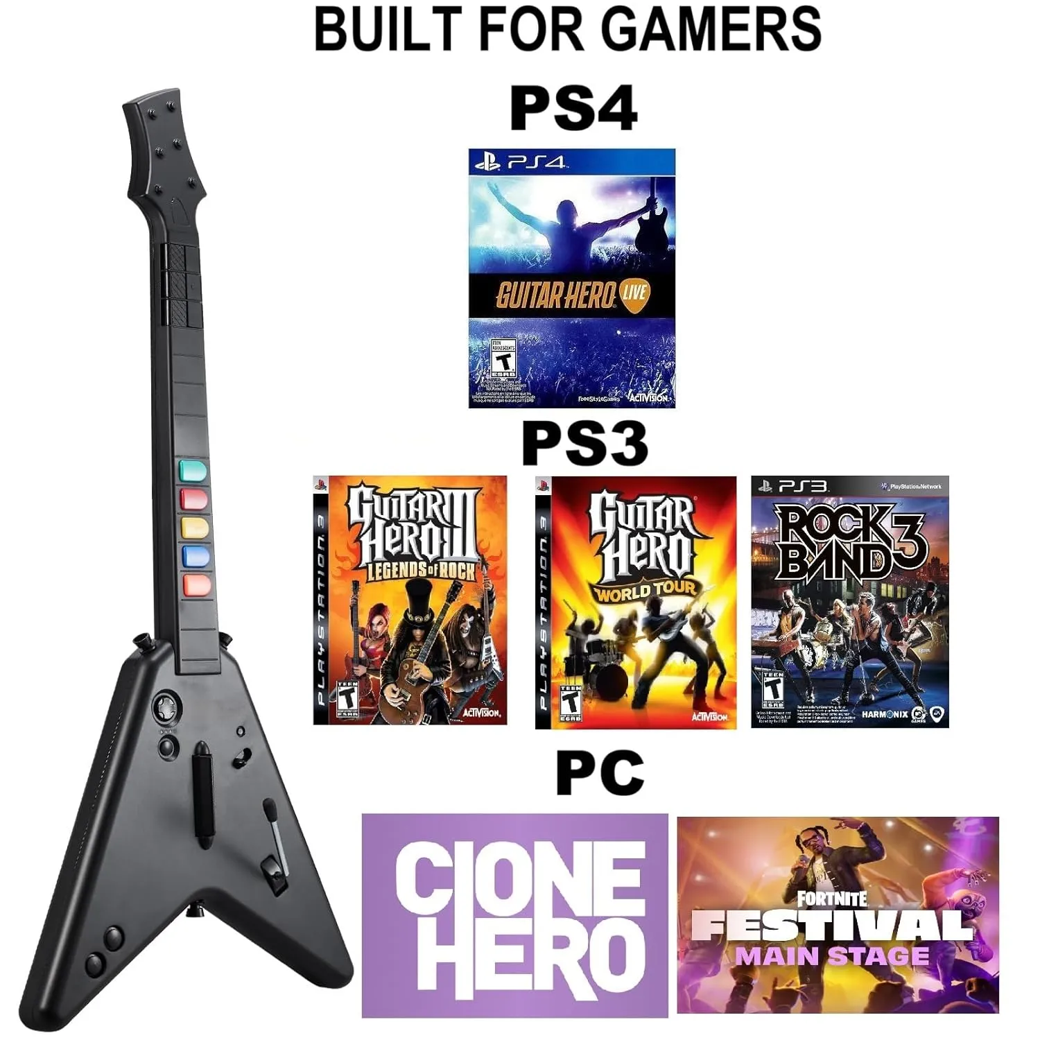 DOYO Wireless Gaming Guitar Controller for PS4, PS3, and PC, Fortnite Festival, Guitar Hero PS4 Games,Plug-and-Play USB Receiver