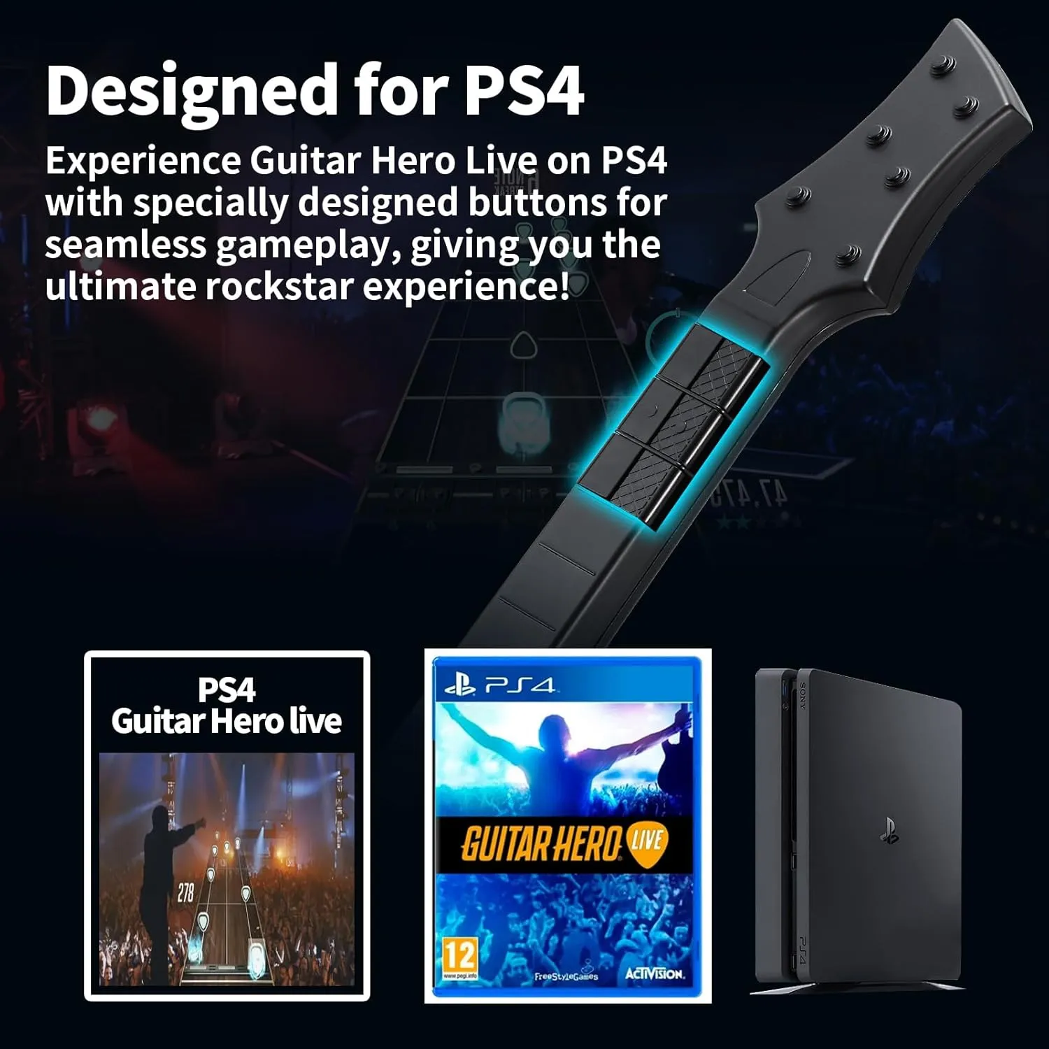 DOYO Wireless Gaming Guitar Controller for PS4, PS3, and PC, Fortnite Festival, Guitar Hero PS4 Games,Plug-and-Play USB Receiver