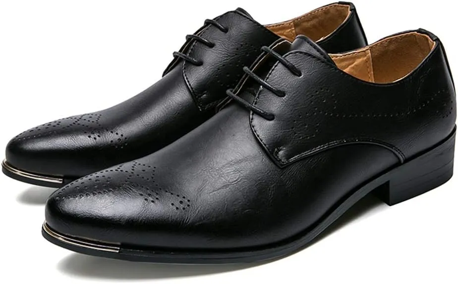 Dress Oxford for Men Lace Up 3-Eye Synthetic Leather Pointed Toe Derby Shoes Anti-Slip Slip Resistant Low Top Classic