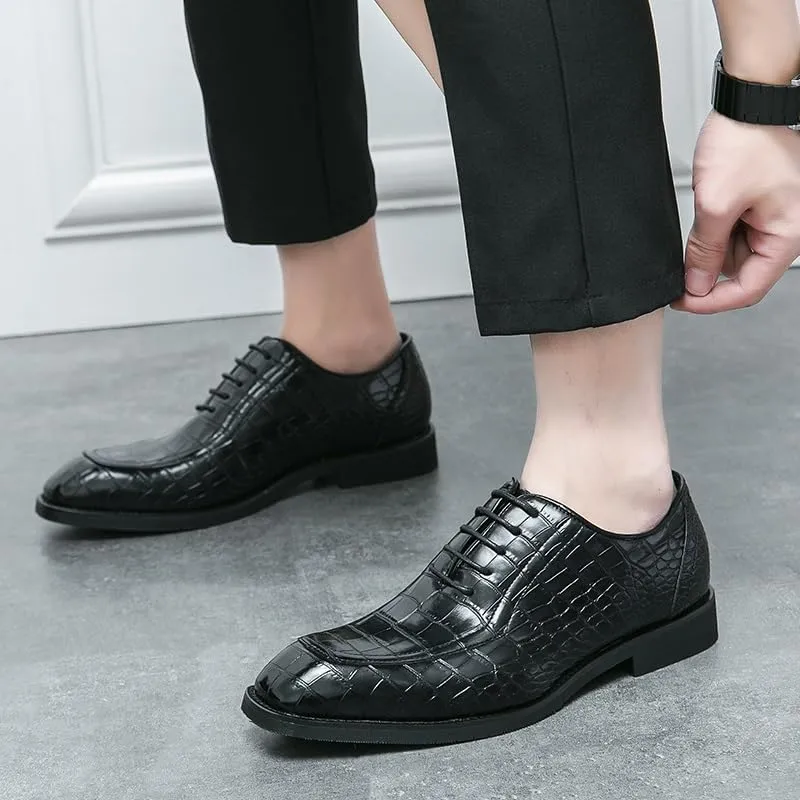 Dress Oxford for Men Lace Up Square Toe PU Leather Block Pattern Oxford Shoes Block Heel Rubber Sole Non Slip Resistant Classic