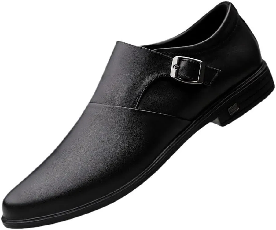 Dress Oxford for Men Slip On Monk Strap Burnished Toe PU Leather Slip Resistant Low Top Block Heel Rubber Sole Working