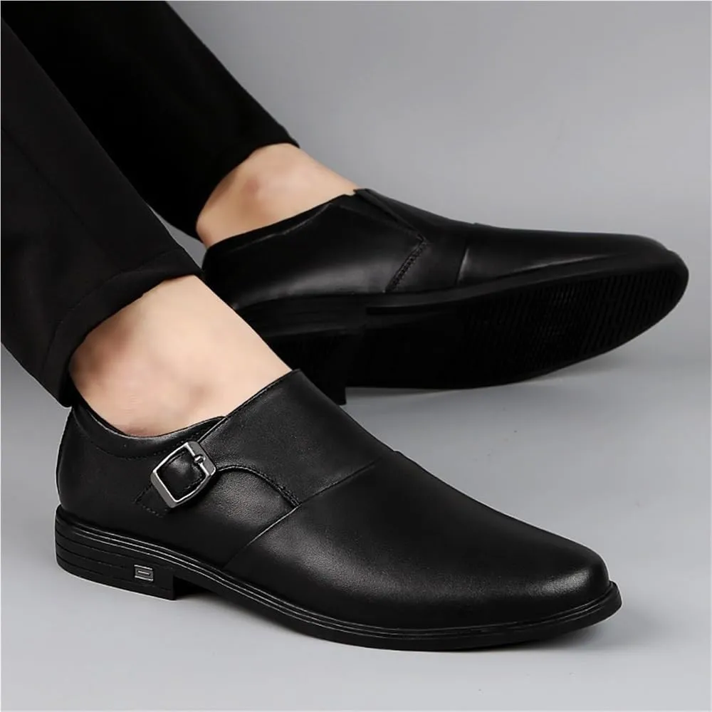Dress Oxford for Men Slip On Monk Strap Burnished Toe PU Leather Slip Resistant Low Top Block Heel Rubber Sole Working