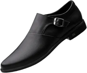 Dress Oxford for Men Slip On Monk Strap Burnished Toe PU Leather Slip Resistant Low Top Block Heel Rubber Sole Working