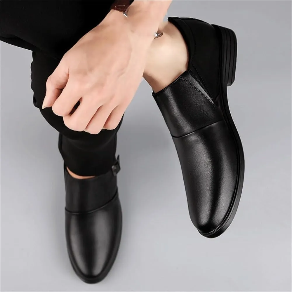 Dress Oxford for Men Slip On Monk Strap Burnished Toe PU Leather Slip Resistant Low Top Block Heel Rubber Sole Working